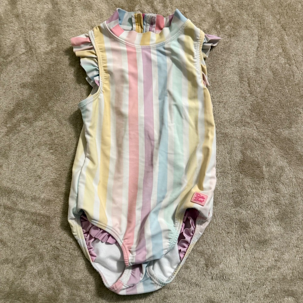RuffleButts Girls 4T Pastel Rainbow Stripe Ruffle One Piece Swimsuit Zip Back